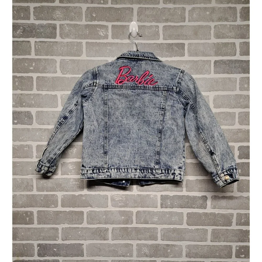 Barbie Girl's Blue Acid Wash Pink Embroidered Jean Denim Jacket Girl Size Medium